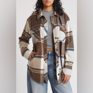 Thread & Supply Plaid Polar Fleece Shacket Jacket - Charcoal Brown- oversized XS